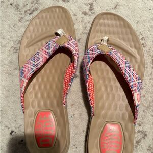 Hey Dude Women's Beige Footbed Flip Sandals with Pink Multi Straps